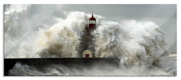 Leuchtturm im Sturm, Glasbild Panorama Rabatt