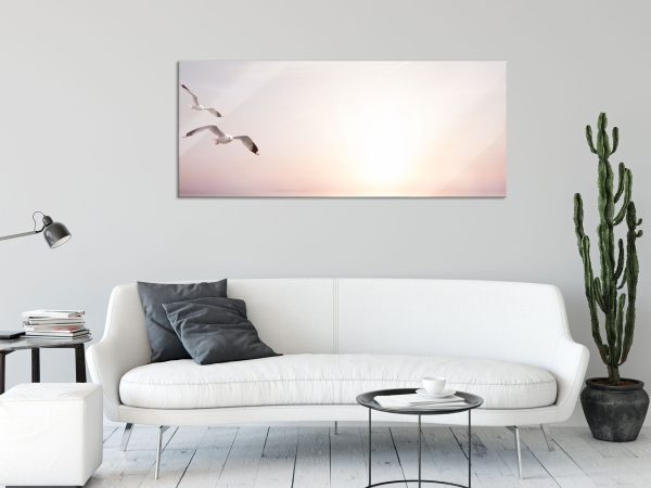 Möwen am Meer bei Sonnenaufgang, Glasbild Panorama Schn?ppchen – Bild 2