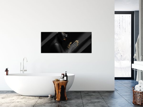 Frau mit goldenen Lippen, Glasbild Panorama Mode – Bild 4